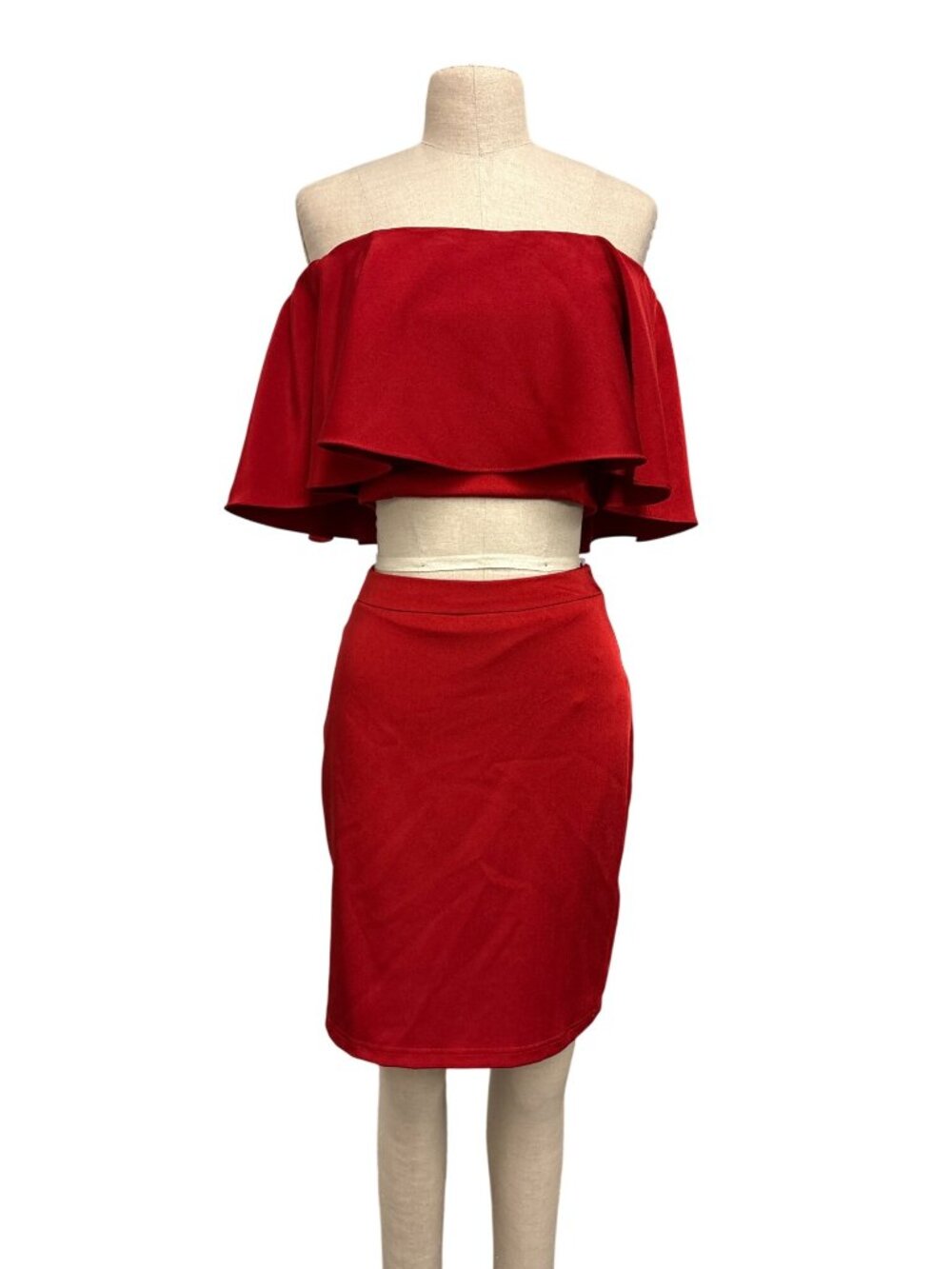 Alyce Paris Red Off-Shoulder Two-Piece Dress Size 6 Ruffled Top & Fitted Skirt F